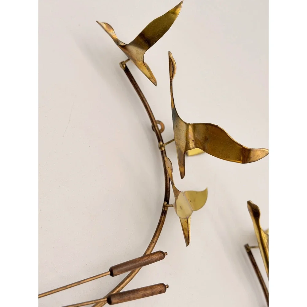 Vintage Brutalist Brass Copper Flying Geese Cattails Candle Holder Set Pair MCM